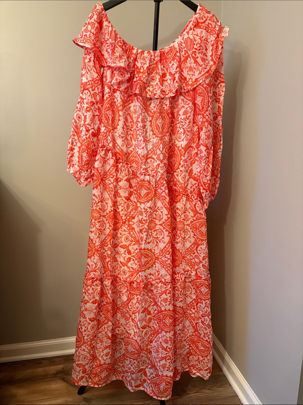 NWT Easel Off-Shoulder Orange Paisley Dress, Size Large *no belt